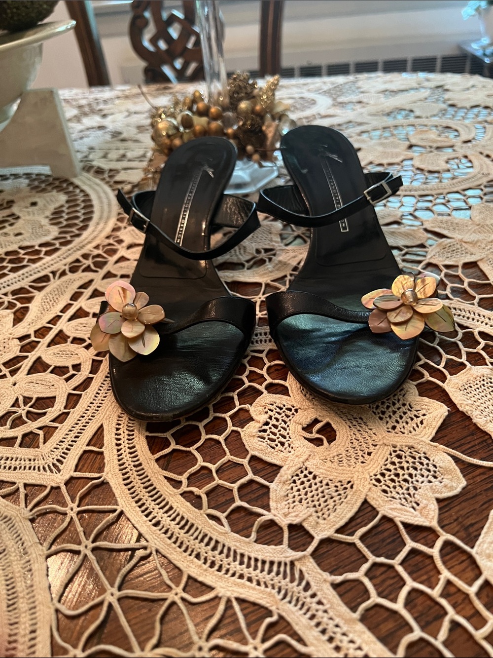 Giuseppe Zanotti Black Sandals with Iridescent Floral Accent